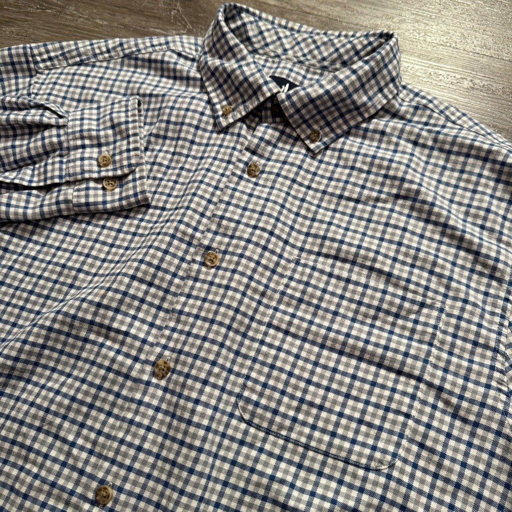 johnnie-O Zander Flannel Shirt Mens Large Blue Gray Plaid Cotton Wool Blend L/S